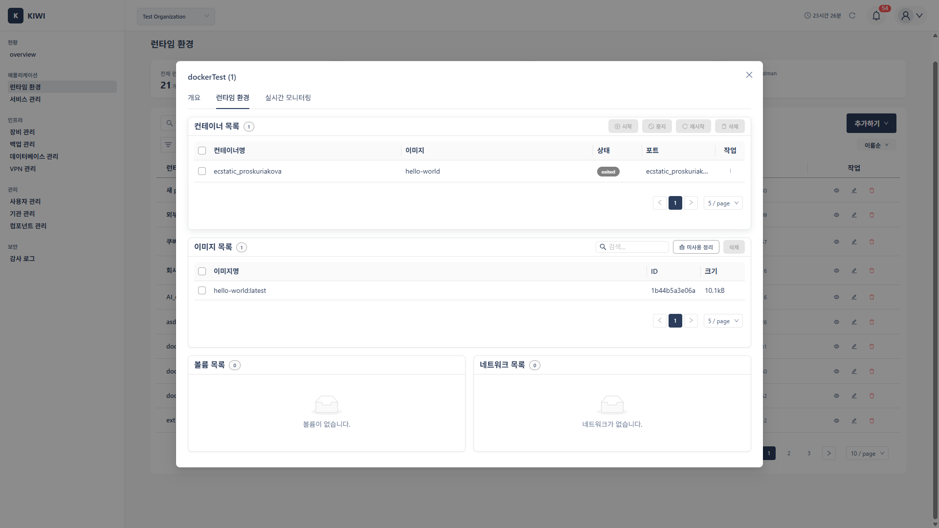 Docker 런타임 환경 탭