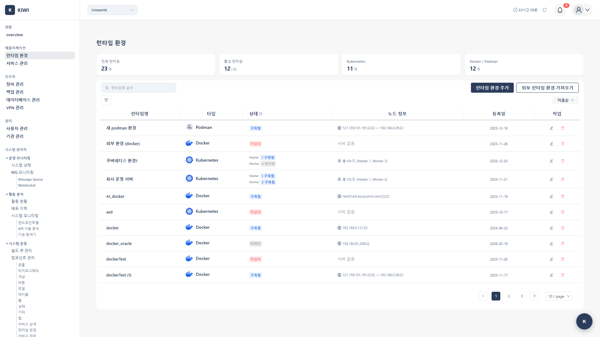 Runtime Environments Screen